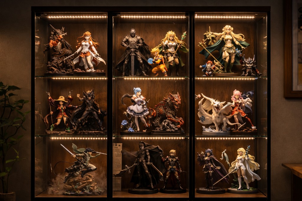 ویترین شیشهای با نورپردازی LED برای نمایش فیگورها