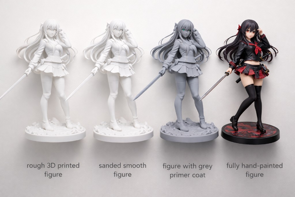 مراحل تبدیل پرینت خام PLA به فیگور رنگآمیزیشده